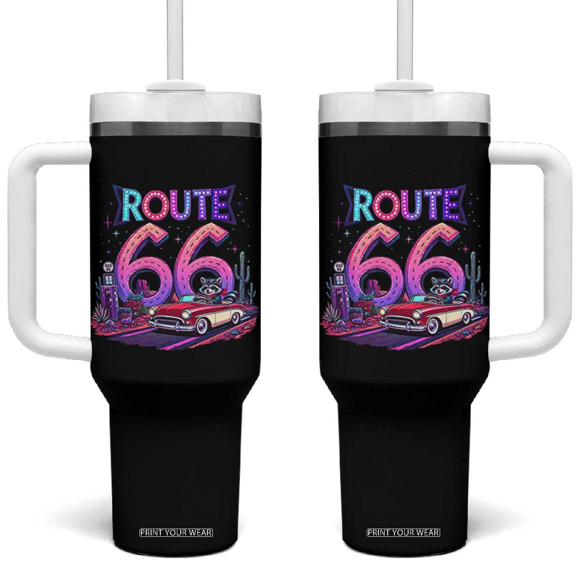 Route Highway 66 Americana Adventure Tumbler With Handle Cute Raccoon Driving Car TS12 One Size: 40 oz Black Print Your Wear
