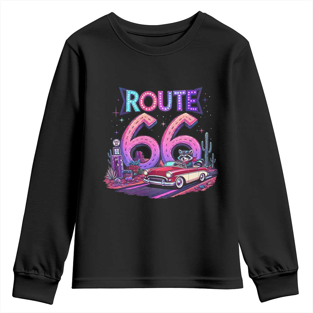 Route Highway 66 Americana Adventure Youth Sweatshirt Cute Raccoon Driving Car TS12 Black Print Your Wear
