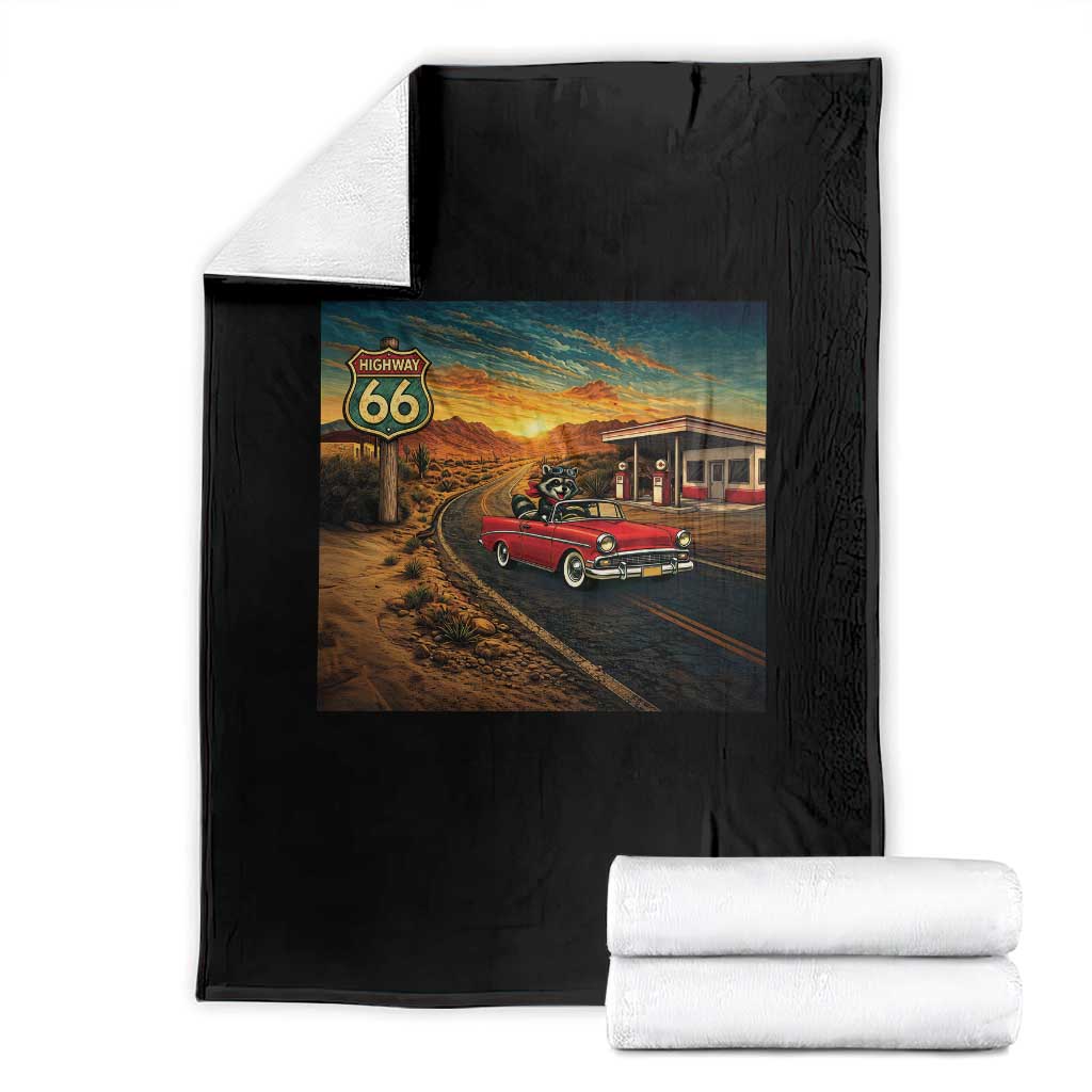 Route Highway 66 Raccoon Throw Blanket Americana Road Trip TS12 Black Print Your Wear