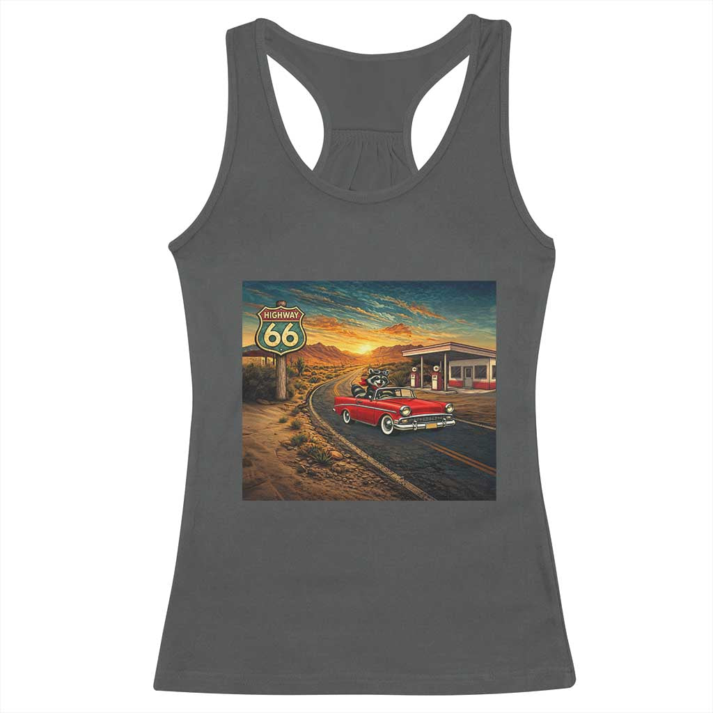 Route Highway 66 Raccoon Racerback Tank Top Americana Road Trip TS12 Dark Heather Print Your Wear