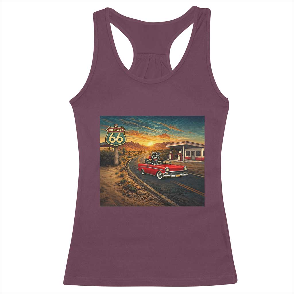 Route Highway 66 Raccoon Racerback Tank Top Americana Road Trip TS12 Maroon Print Your Wear
