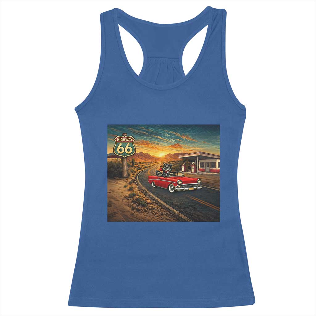 Route Highway 66 Raccoon Racerback Tank Top Americana Road Trip TS12 Royal Blue Print Your Wear