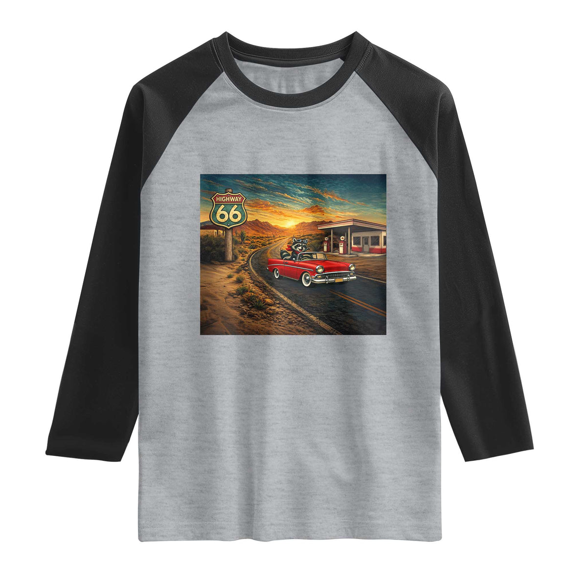Route Highway 66 Raccoon Raglan Shirt Americana Road Trip TS12 Heather Gray Black Print Your Wear