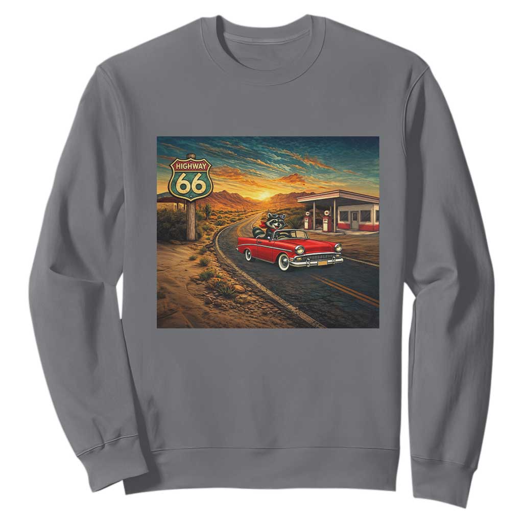 Route Highway 66 Raccoon Sweatshirt Americana Road Trip TS12 Charcoal Print Your Wear