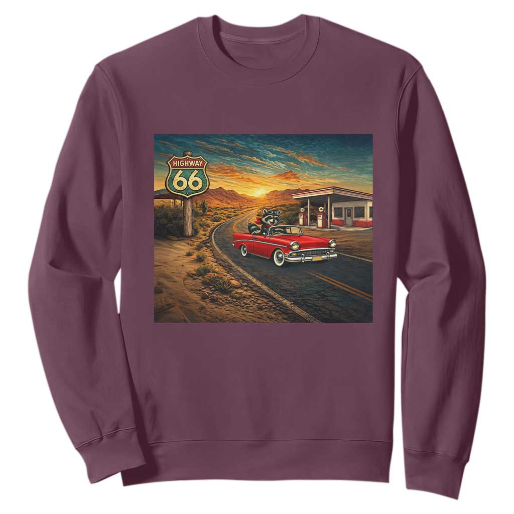 Route Highway 66 Raccoon Sweatshirt Americana Road Trip TS12 Maroon Print Your Wear