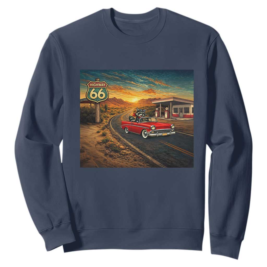 Route Highway 66 Raccoon Sweatshirt Americana Road Trip TS12 Navy Print Your Wear