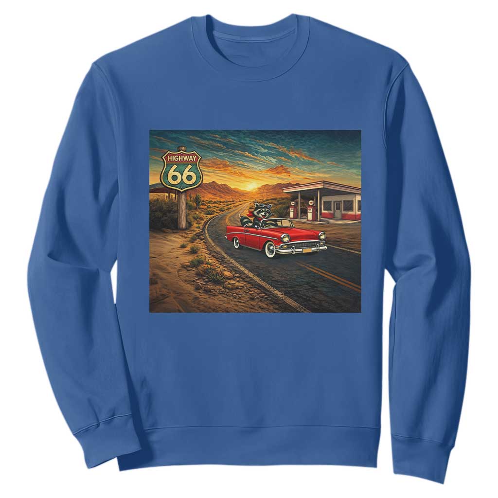Route Highway 66 Raccoon Sweatshirt Americana Road Trip TS12 Royal Blue Print Your Wear