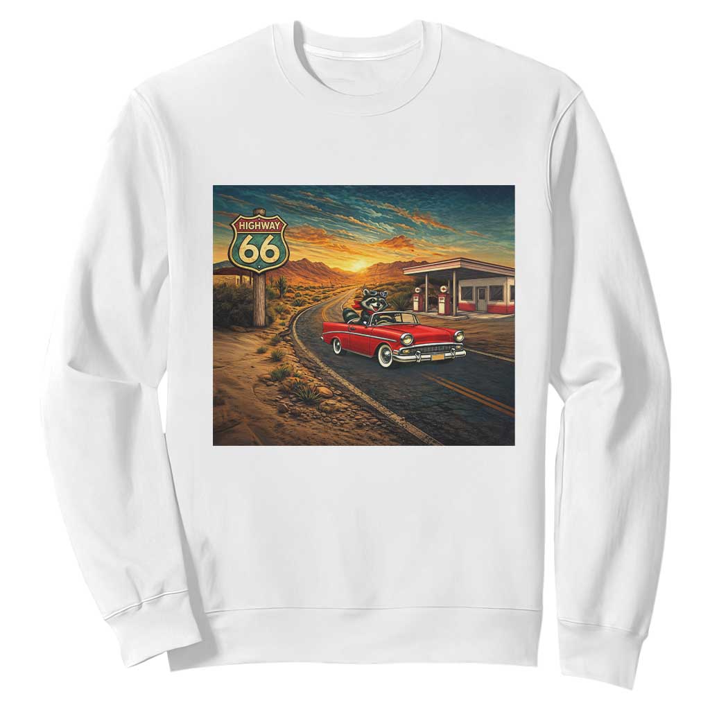 Route Highway 66 Raccoon Sweatshirt Americana Road Trip TS12 White Print Your Wear