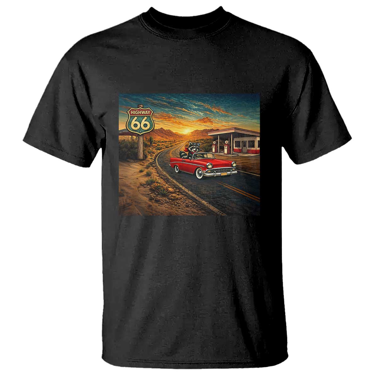 Route Highway 66 Raccoon T Shirt Americana Road Trip TS12 Black Print Your Wear