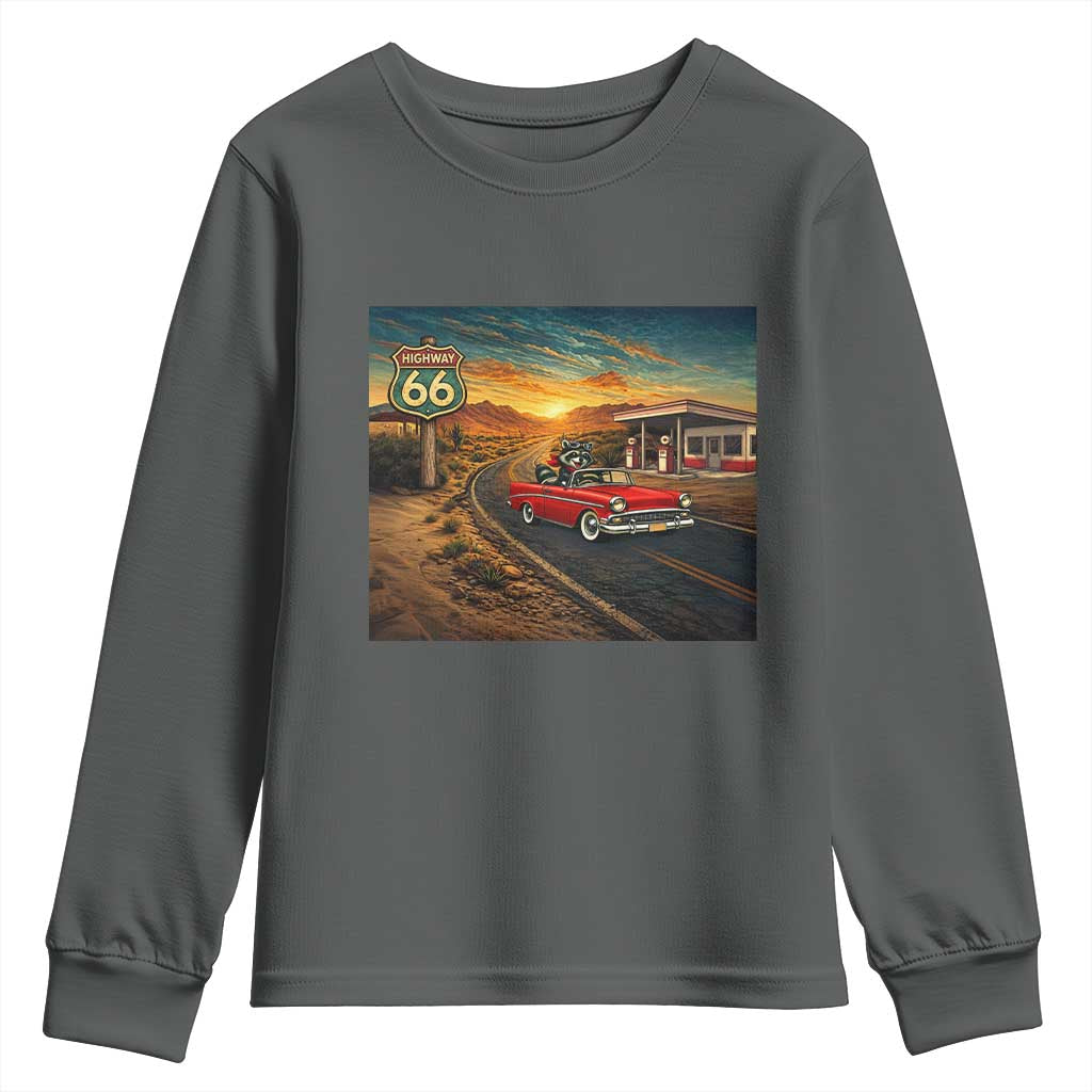 Route Highway 66 Raccoon Youth Sweatshirt Americana Road Trip TS12 Dark Heather Print Your Wear