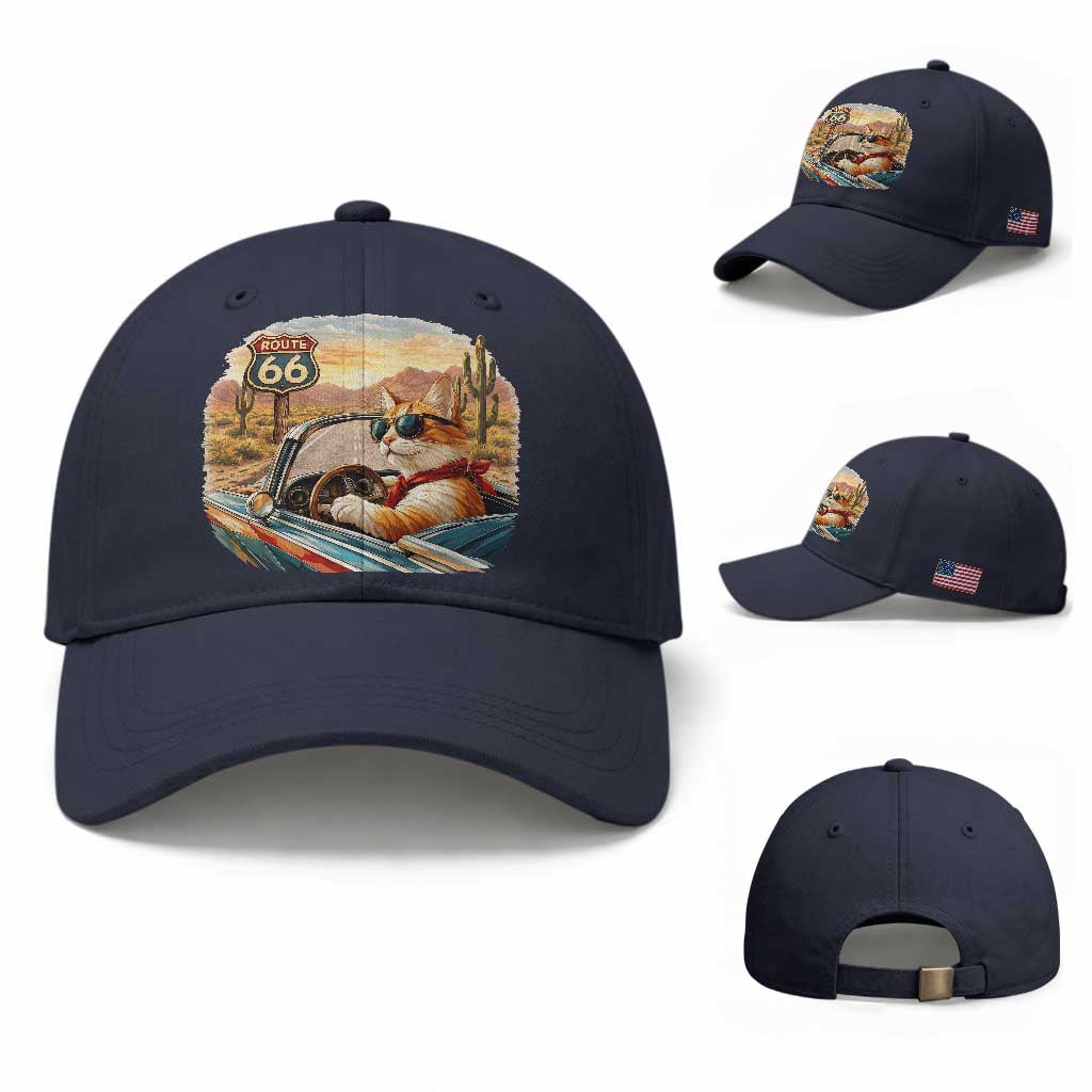 Route Highway 66 Cat Baseball Cap Americana Road Trip TS12 Baseball Cap Universal Fit Navy Print Your Wear
