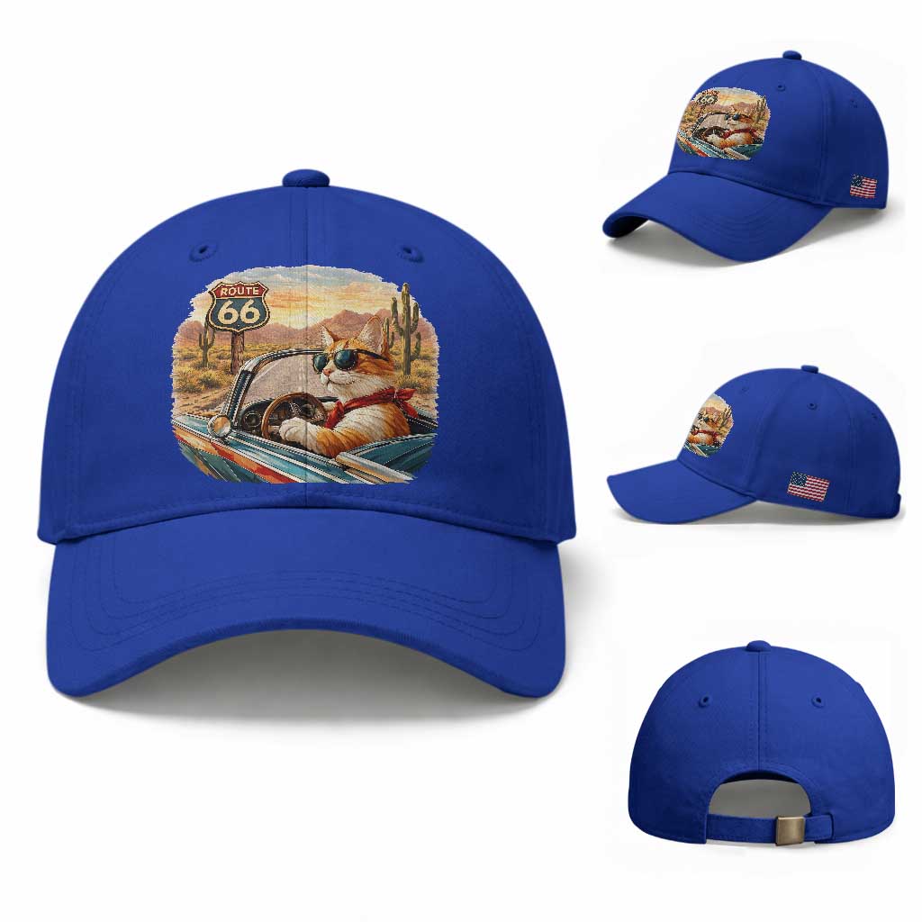Route Highway 66 Cat Baseball Cap Americana Road Trip TS12 Baseball Cap Universal Fit Royal Blue Print Your Wear