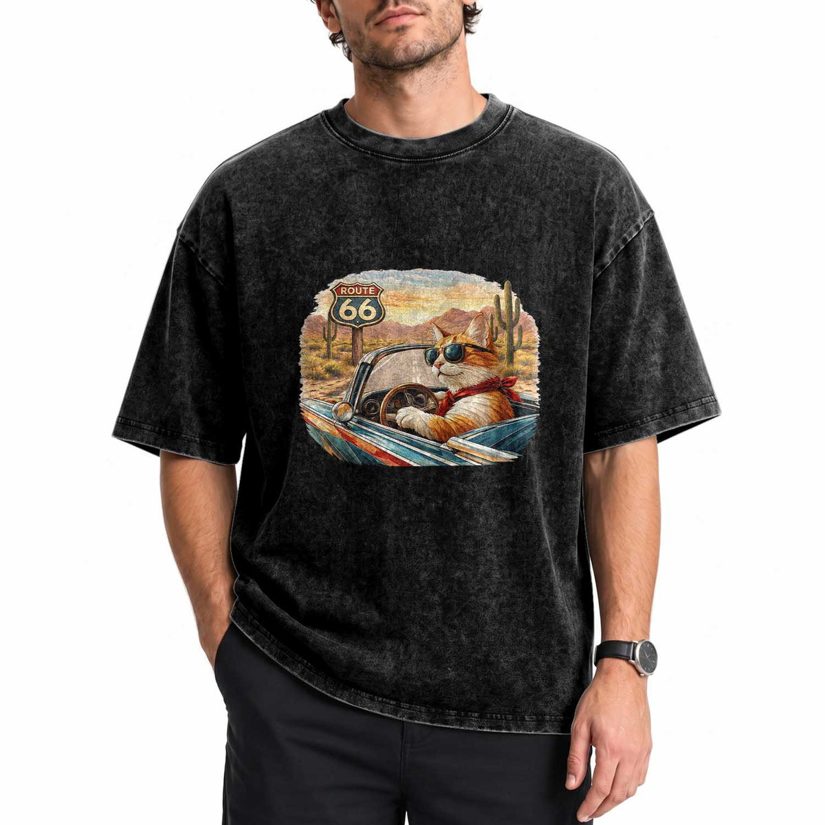 Route Highway 66 Cat Washed Cotton T-Shirt Americana Road Trip