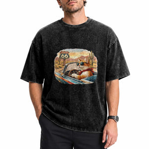 Route Highway 66 Cat Washed Cotton T-Shirt Americana Road Trip