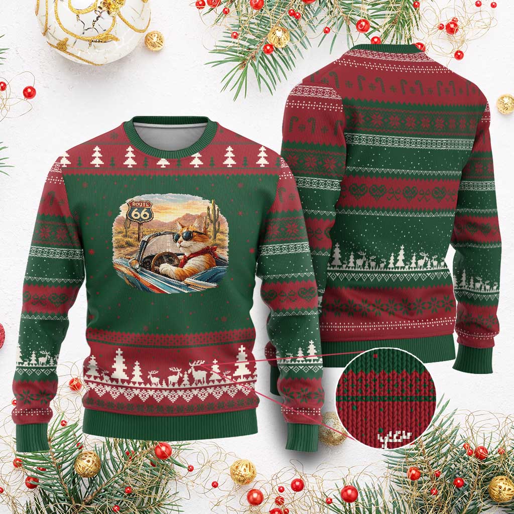 Route Highway 66 Cat Ugly Christmas Sweater Americana Road Trip TS12 Red Green Print Your Wear