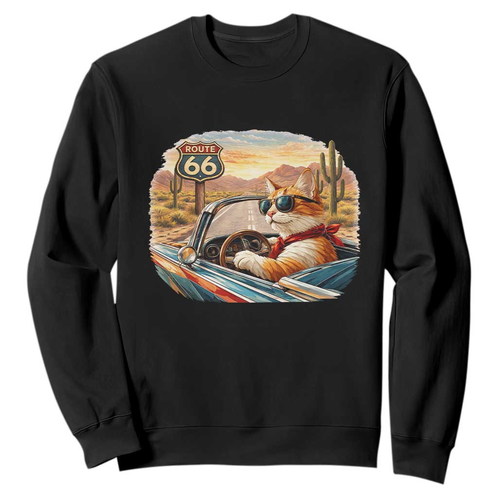 Route Highway 66 Cat Sweatshirt Americana Road Trip TS12 Black Print Your Wear