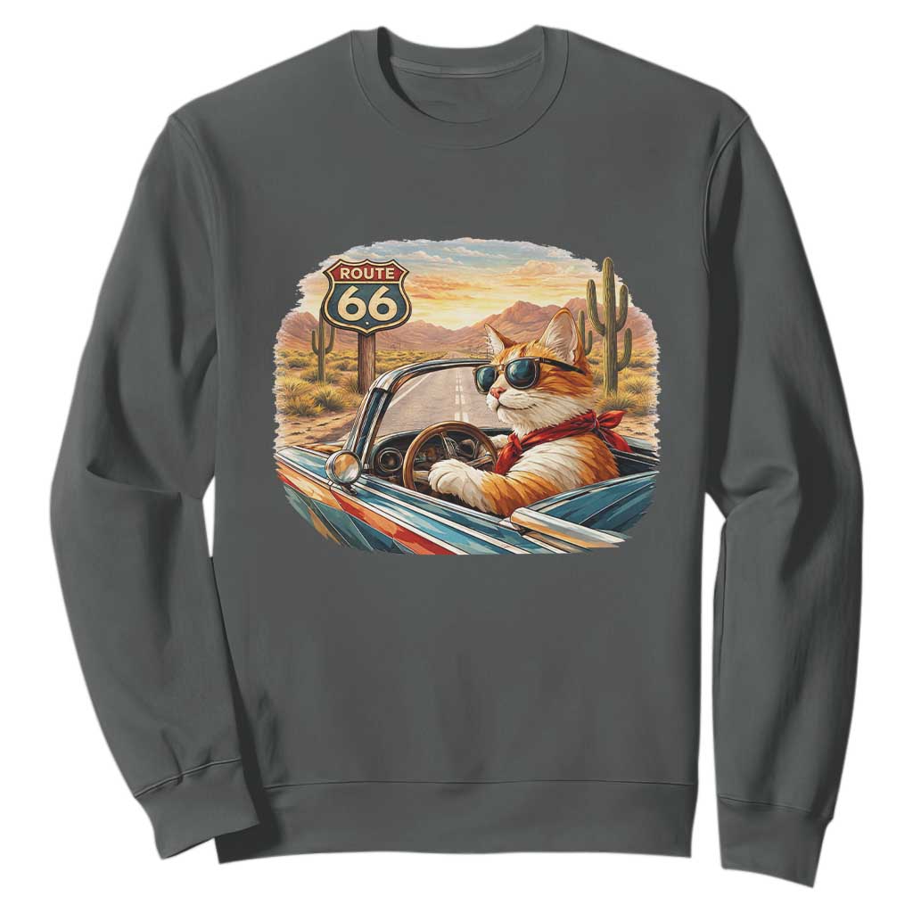 Route Highway 66 Cat Sweatshirt Americana Road Trip TS12 Dark Heather Print Your Wear