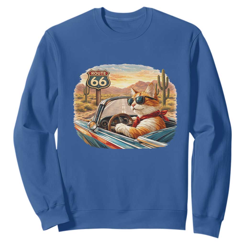 Route Highway 66 Cat Sweatshirt Americana Road Trip TS12 Royal Blue Print Your Wear