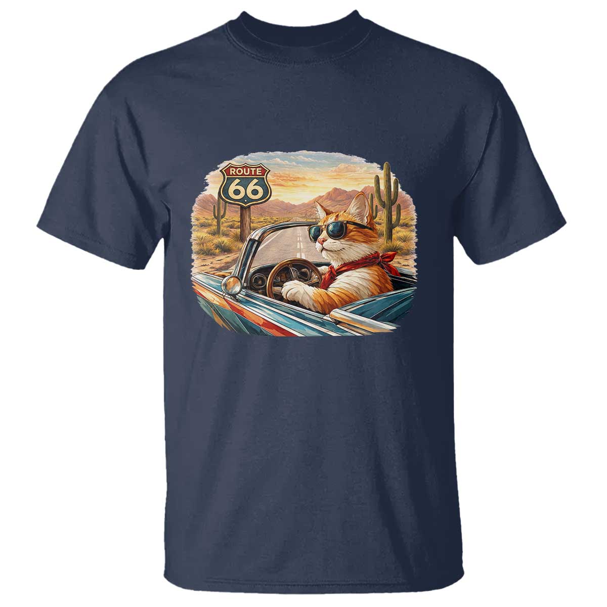 Route Highway 66 Cat T Shirt Americana Road Trip TS12 Navy Print Your Wear