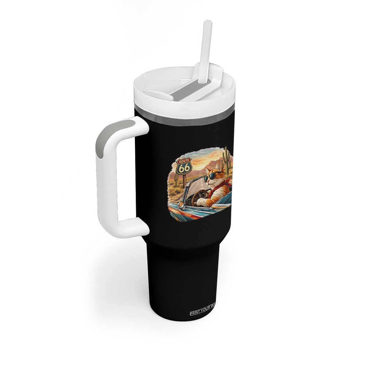 Route Highway 66 Cat Tumbler With Handle Americana Road Trip TS12 Print Your Wear
