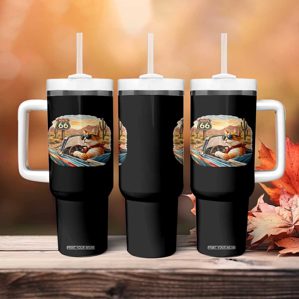 Route Highway 66 Cat Tumbler With Handle Americana Road Trip TS12 Print Your Wear