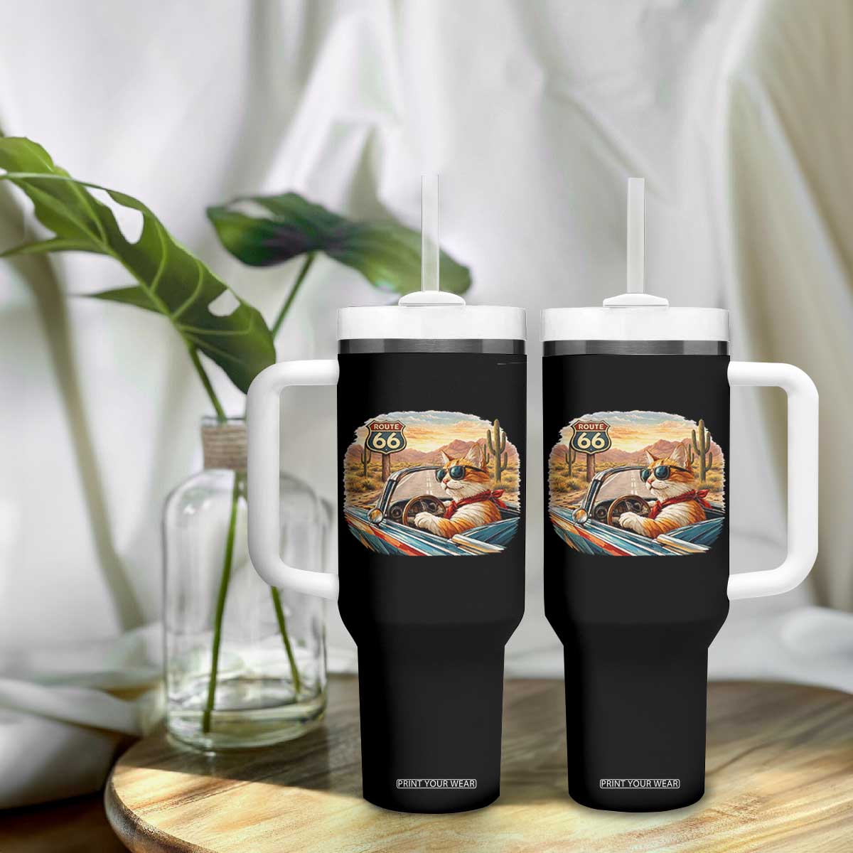 Route Highway 66 Cat Tumbler With Handle Americana Road Trip TS12 Print Your Wear