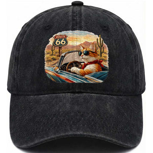 Route Highway 66 Cat Washed Cotton Baseball Cap Americana Road Trip TS12 Print Your Wear
