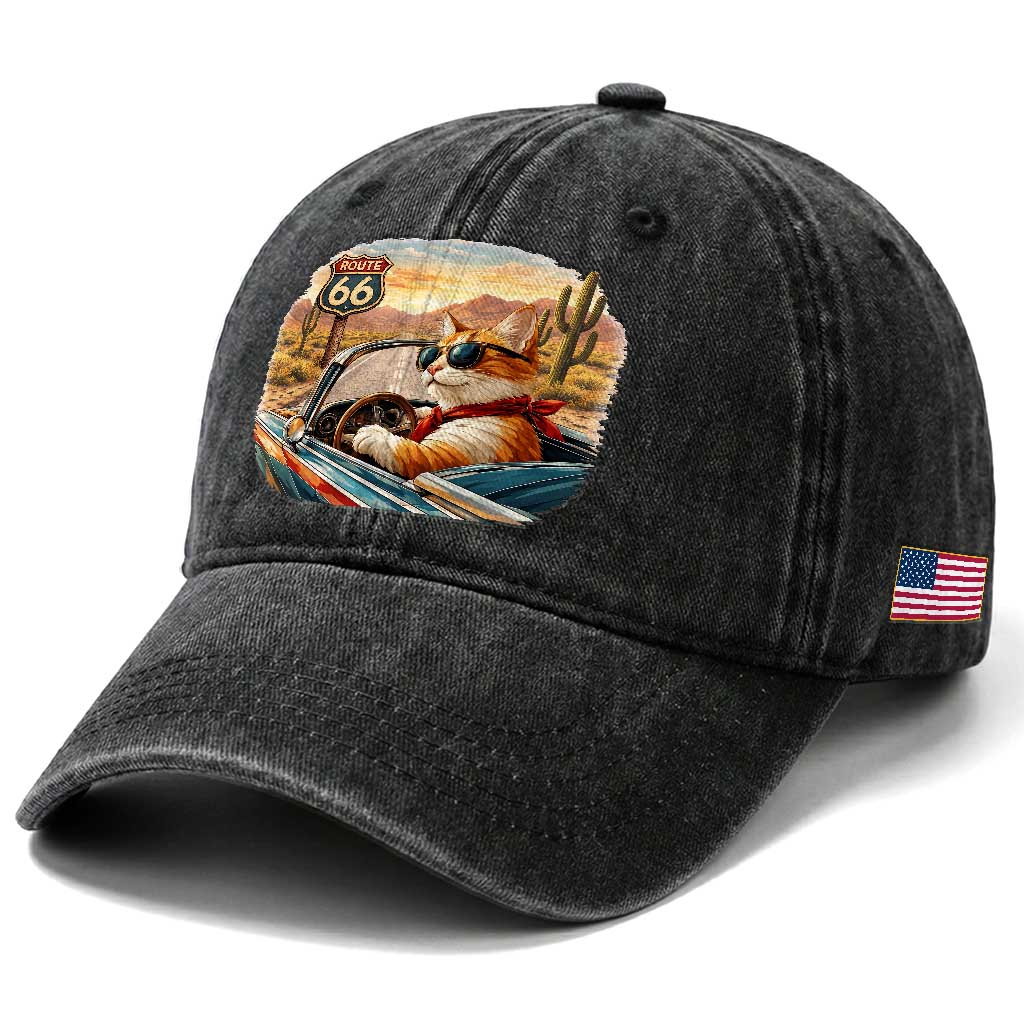 Route Highway 66 Cat Washed Cotton Baseball Cap Americana Road Trip TS12 Print Your Wear