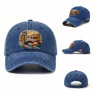 Route Highway 66 Cat Washed Cotton Baseball Cap Americana Road Trip TS12 Washed Cap Universal Fit Royal Blue Print Your Wear