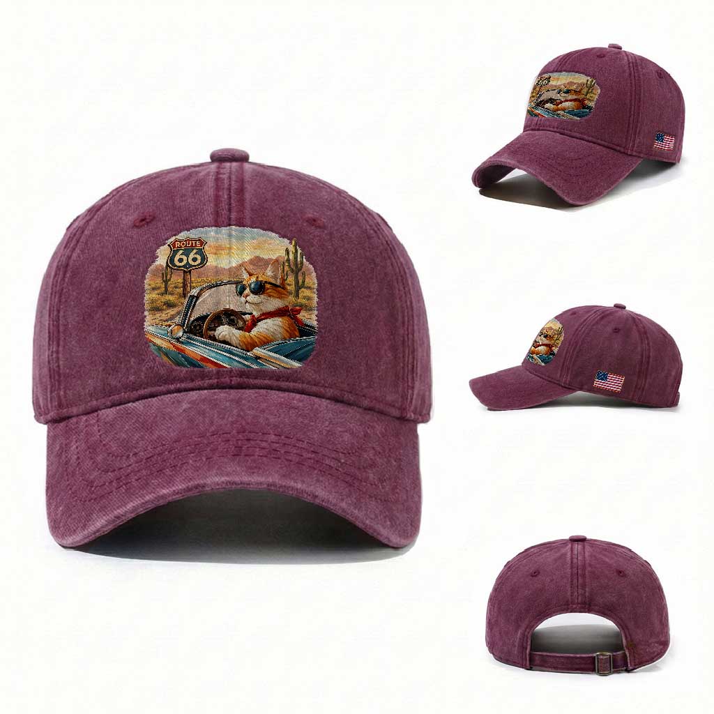 Route Highway 66 Cat Washed Cotton Baseball Cap Americana Road Trip TS12 Washed Cap Universal Fit Burgundy Print Your Wear