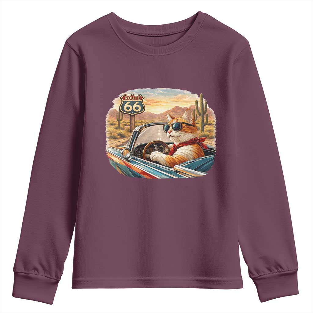 Route Highway 66 Cat Youth Sweatshirt Americana Road Trip TS12 Maroon Print Your Wear