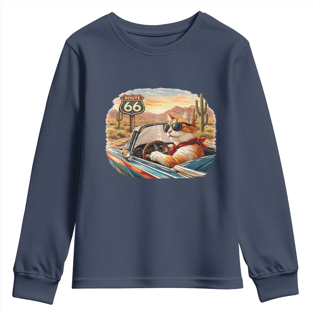 Route Highway 66 Cat Youth Sweatshirt Americana Road Trip TS12 Navy Print Your Wear