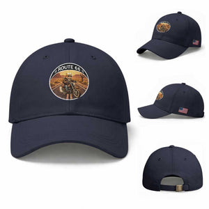 Route Highway 66 Motorcycle Cat Baseball Cap Road Trip Adventure TS12 Baseball Cap Universal Fit Navy Print Your Wear
