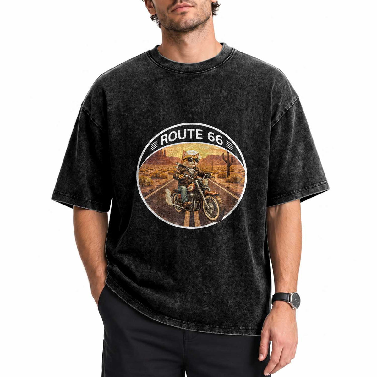 Route Highway 66 Motorcycle Cat Washed Cotton T-Shirt Road Trip Adventure