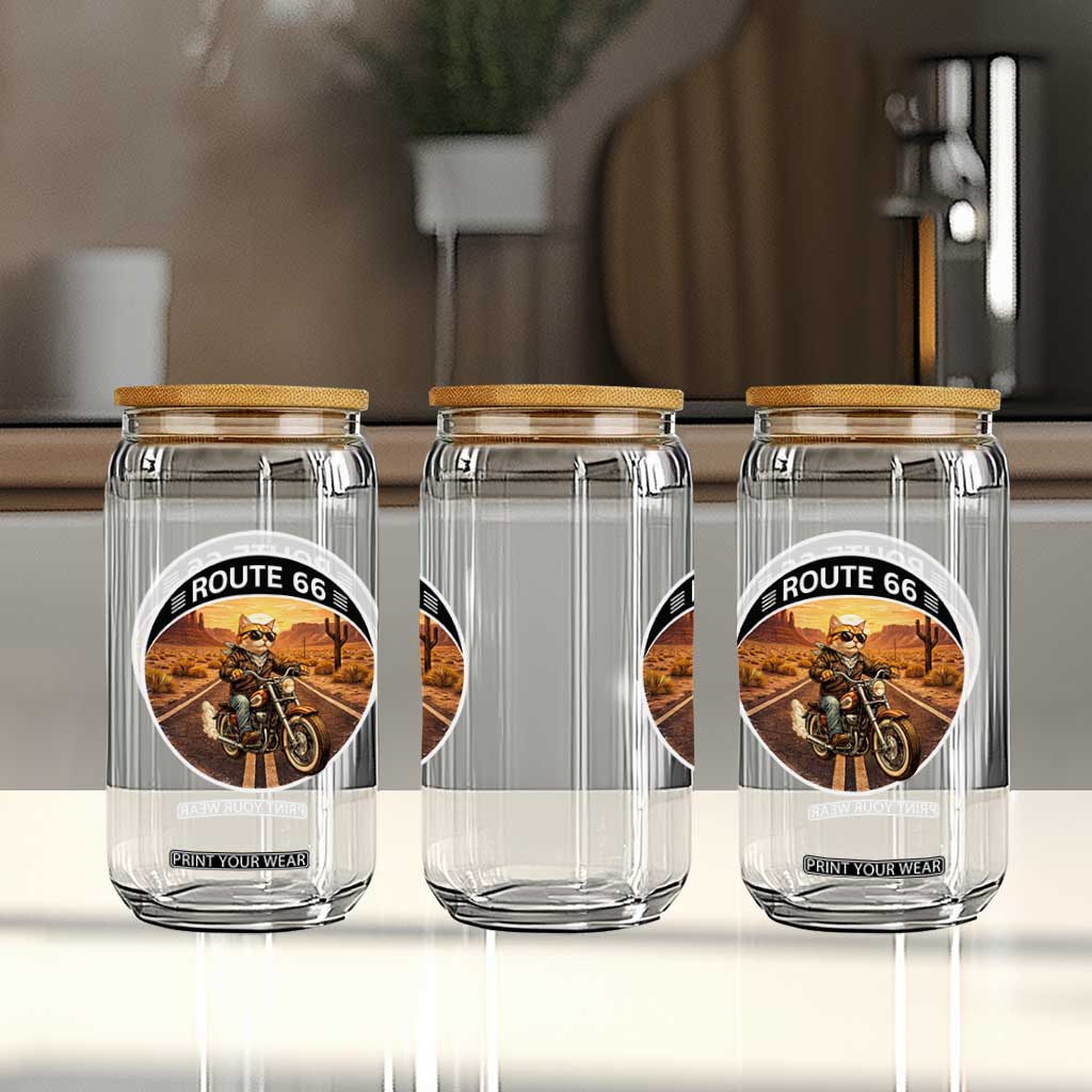 Route Highway 66 Motorcycle Cat Glass Can Road Trip Adventure TS12 Print Your Wear