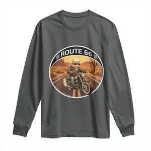 Route Highway 66 Motorcycle Cat Long Sleeve Shirt Road Trip Adventure TS12 Dark Heather Print Your Wear