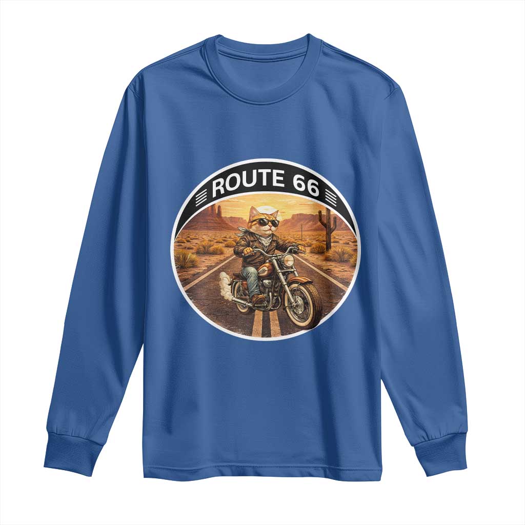 Route Highway 66 Motorcycle Cat Long Sleeve Shirt Road Trip Adventure TS12 Royal Blue Print Your Wear
