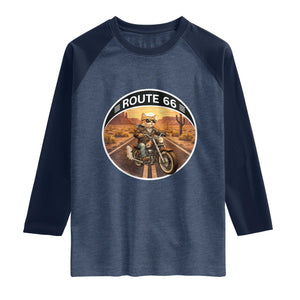Route Highway 66 Motorcycle Cat Raglan Shirt Road Trip Adventure TS12 Heather Denim Navy Print Your Wear