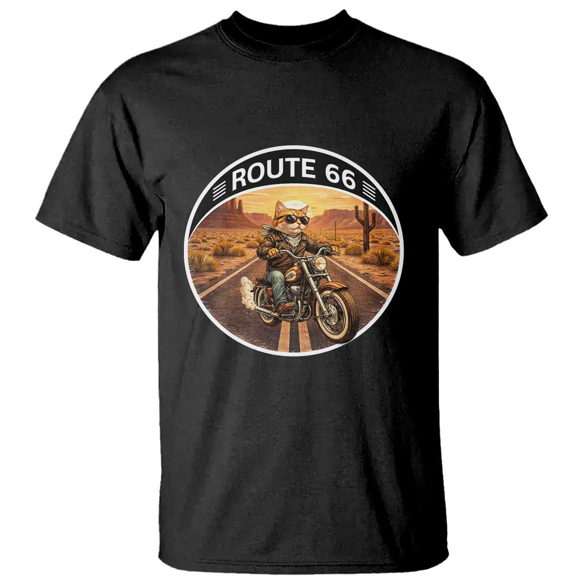 Route Highway 66 Motorcycle Cat T Shirt Road Trip Adventure TS12 Black Print Your Wear