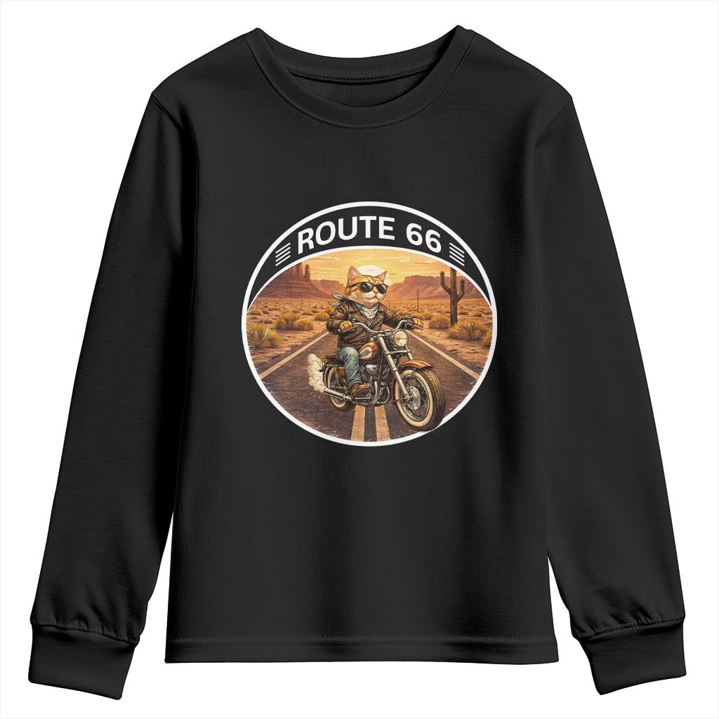 Route Highway 66 Motorcycle Cat Youth Sweatshirt Road Trip Adventure TS12 Black Print Your Wear
