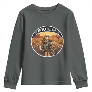 Route Highway 66 Motorcycle Cat Youth Sweatshirt Road Trip Adventure TS12 Dark Heather Print Your Wear