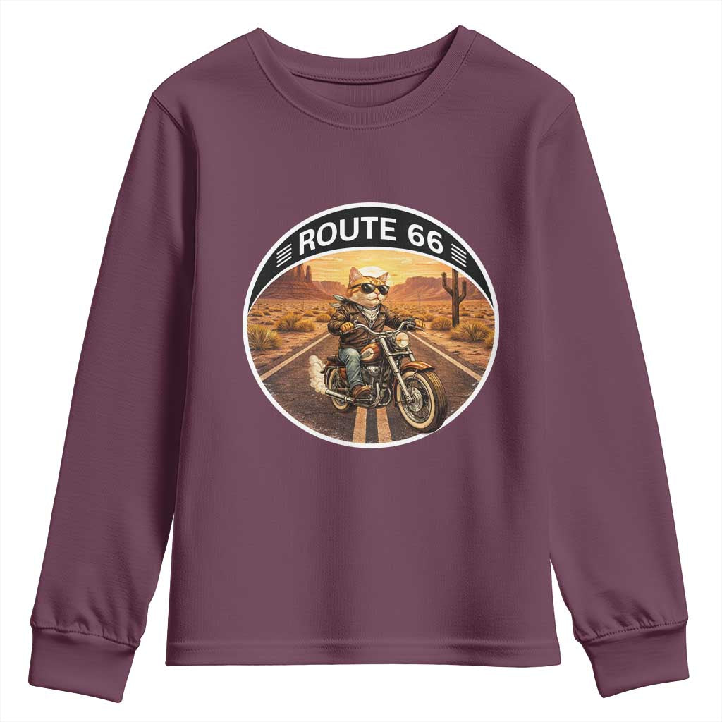 Route Highway 66 Motorcycle Cat Youth Sweatshirt Road Trip Adventure TS12 Maroon Print Your Wear