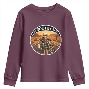 Route Highway 66 Motorcycle Cat Youth Sweatshirt Road Trip Adventure TS12 Maroon Print Your Wear