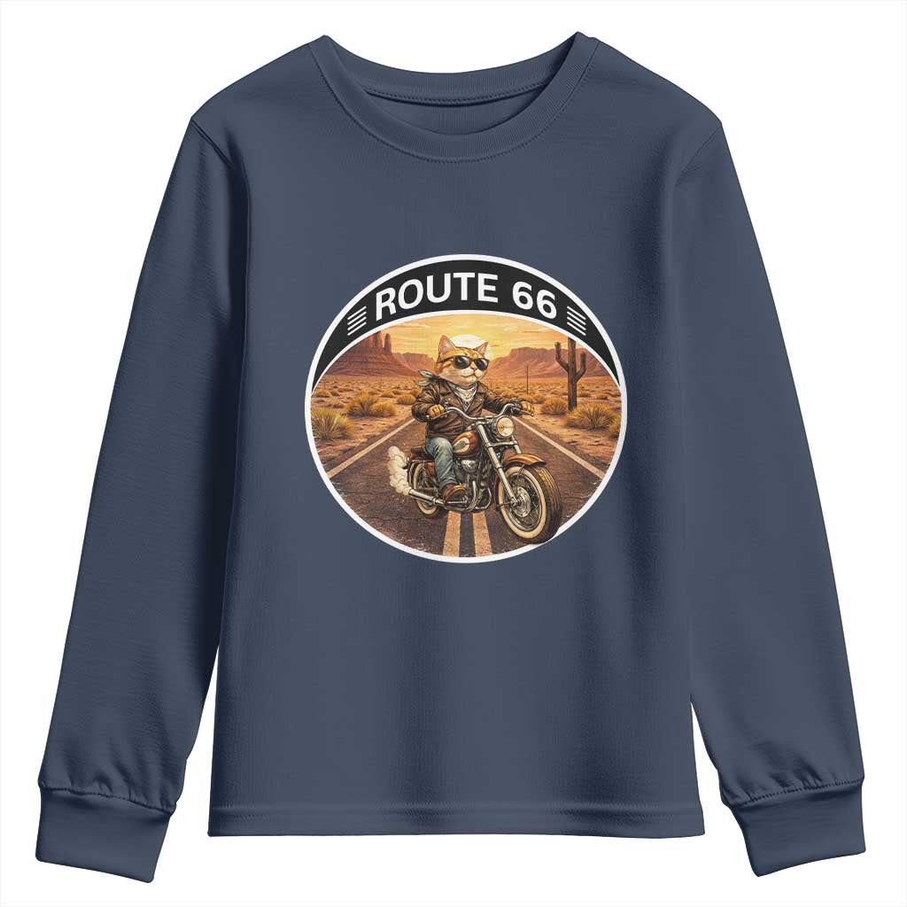Route Highway 66 Motorcycle Cat Youth Sweatshirt Road Trip Adventure TS12 Navy Print Your Wear
