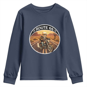Route Highway 66 Motorcycle Cat Youth Sweatshirt Road Trip Adventure TS12 Navy Print Your Wear
