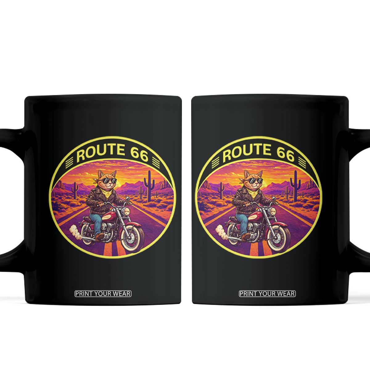 Route Highway 66 Motorcycle Cat Coffee Mug Open Road Adventure Neon TS12 Black Print Your Wear