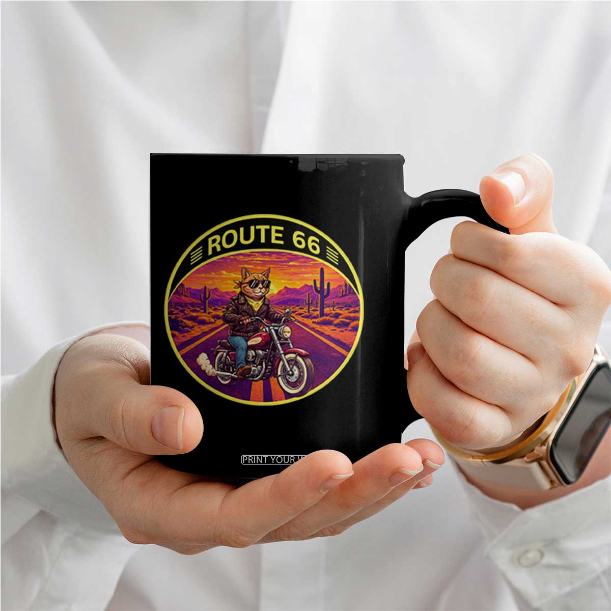 Route Highway 66 Motorcycle Cat Coffee Mug Open Road Adventure Neon TS12 Print Your Wear