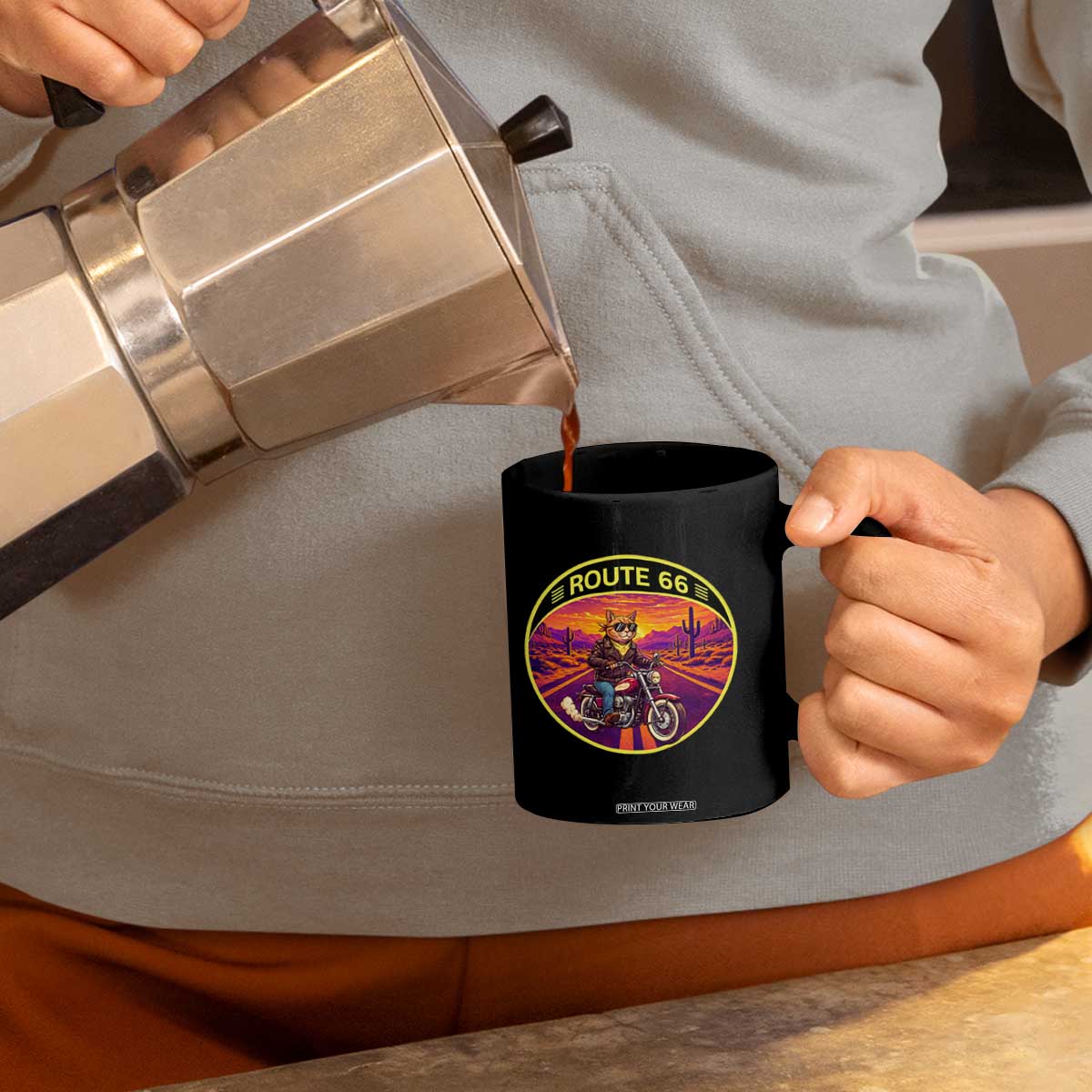 Route Highway 66 Motorcycle Cat Coffee Mug Open Road Adventure Neon TS12 Print Your Wear