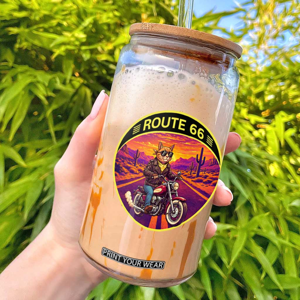 Route Highway 66 Motorcycle Cat Glass Can Open Road Adventure Neon TS12 Black Print Your Wear