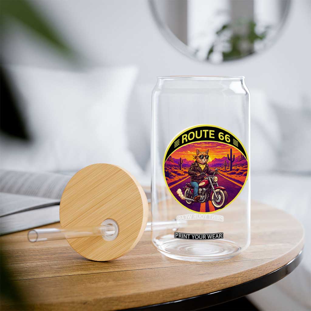 Route Highway 66 Motorcycle Cat Glass Can Open Road Adventure Neon TS12 Print Your Wear